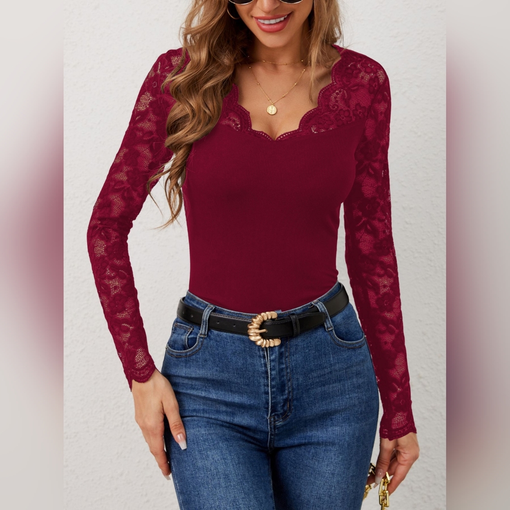 Lace Wavy Hem V-Neck Long Sleeve Burgundy Top - Picture 4 of 10